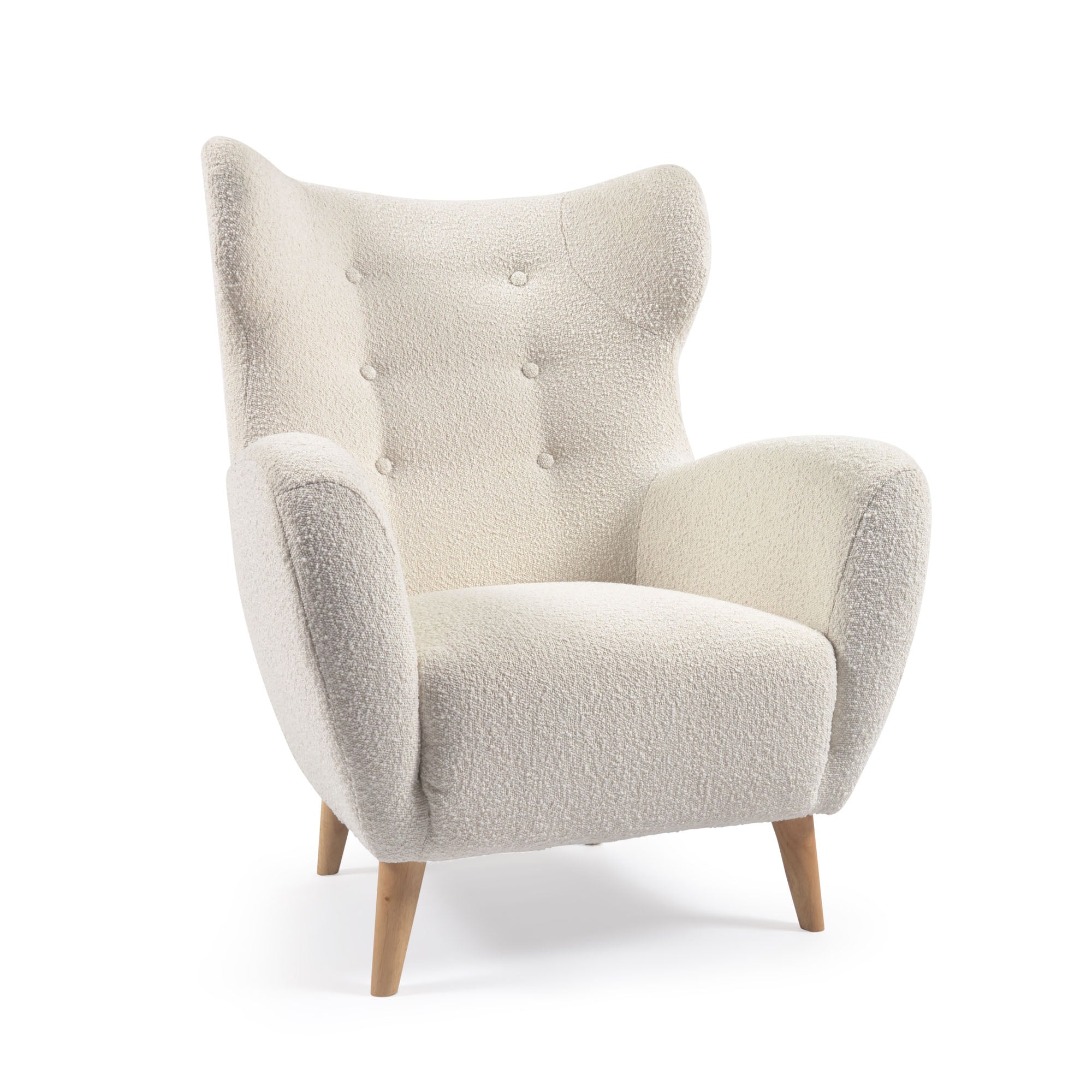 Patio armchair in white fleece with solid, natural rubberwood legs