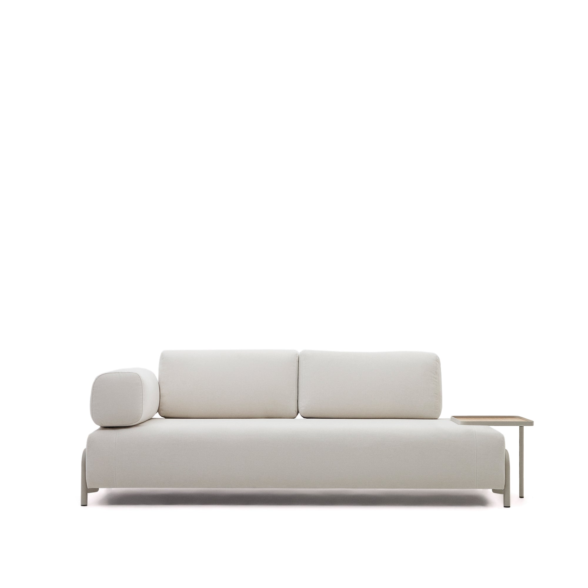 Compo 3-seater sofa chenille beige, large tray oak veneer and grey metal structure 232cm