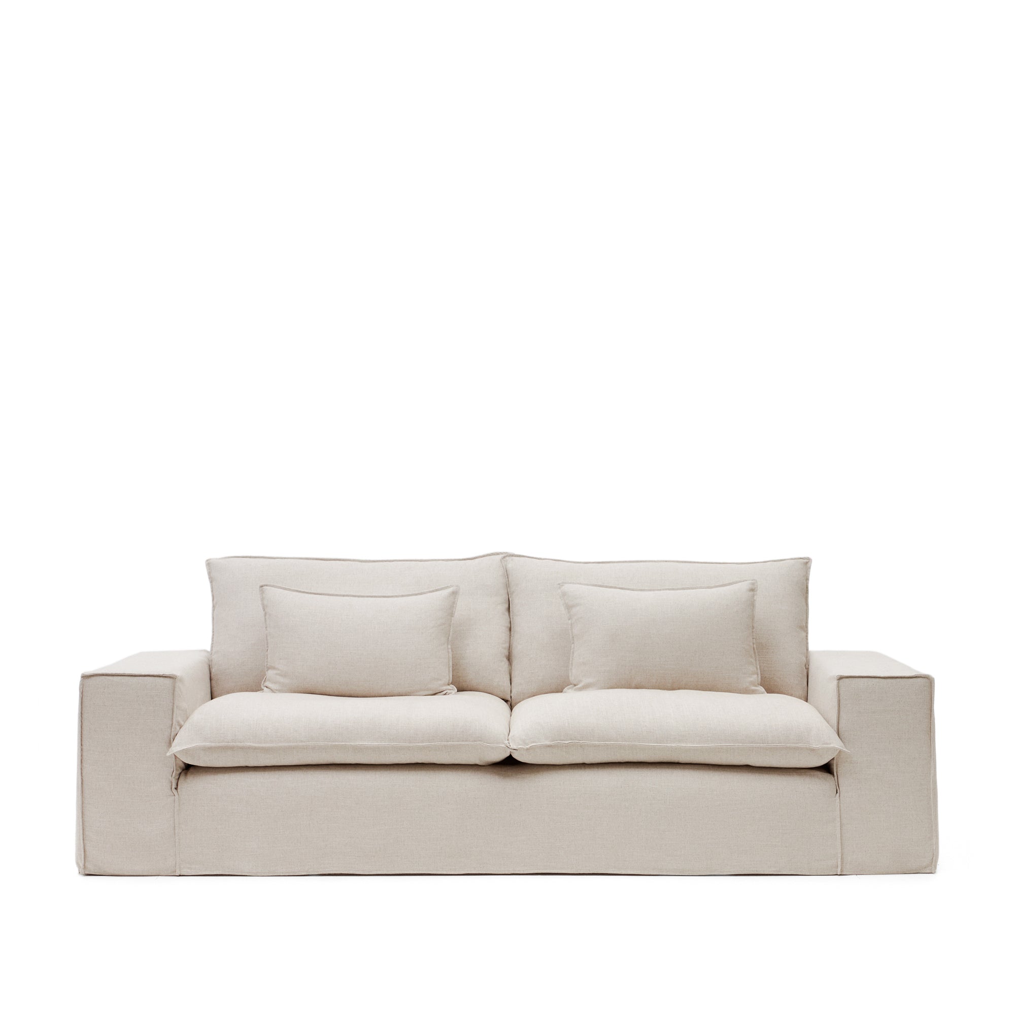 Anarela 3 személyes kanapé, levehető huzattal és bézs színű vászon párnákkal, 280 cm