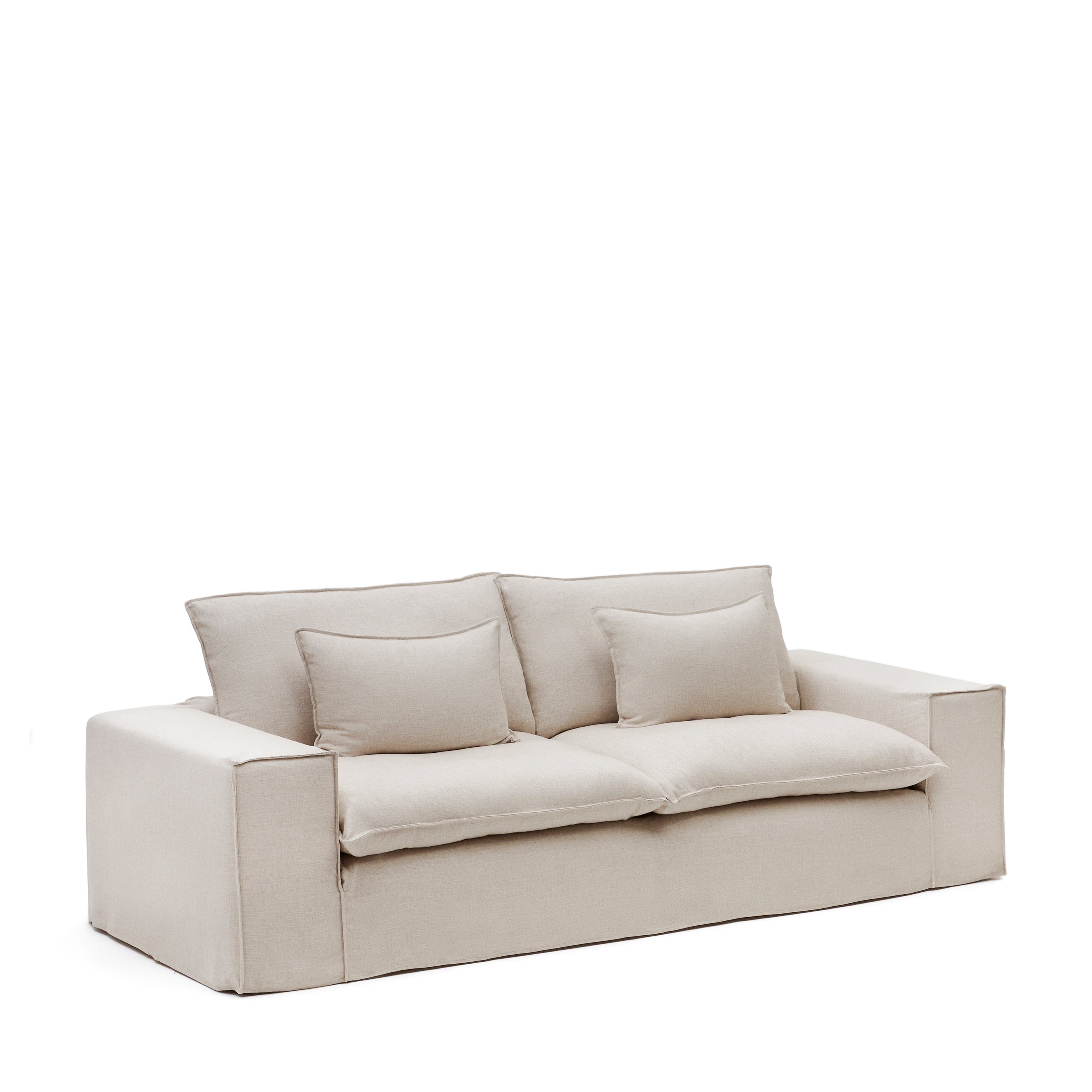 Anarela 3 személyes kanapé, levehető huzattal és bézs színű vászon párnákkal, 280 cm