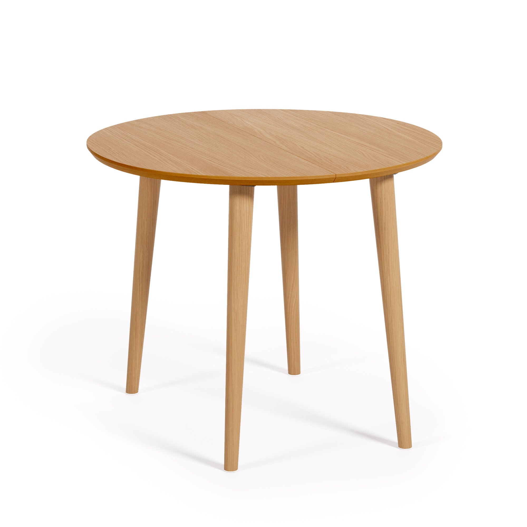 Oqui kihúzható kerek asztal MDF tölgyfa furnérból és tömörfa lábakkal, 90 (170) x 90 cm