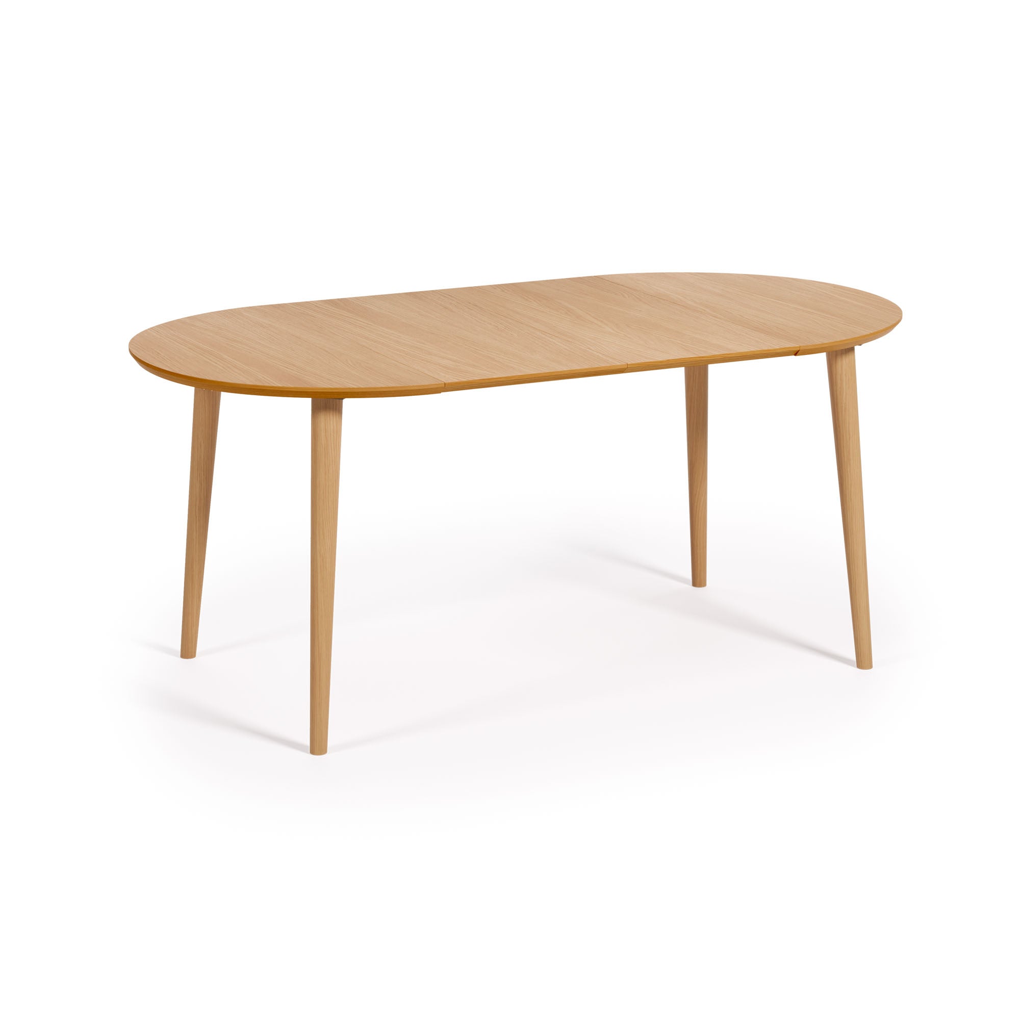 Oqui extendable round table in MDF oak veneer and solid wood legs, 90 (170) x 90 cm