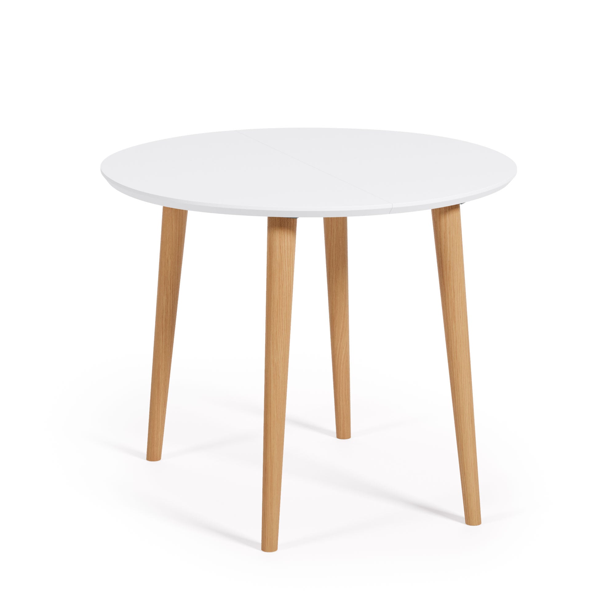 Oqui kihúzható kerek asztal MDF-ből, fehér lakkozással és tömör bükkfa lábakkal, 90 (170) x 90 cm