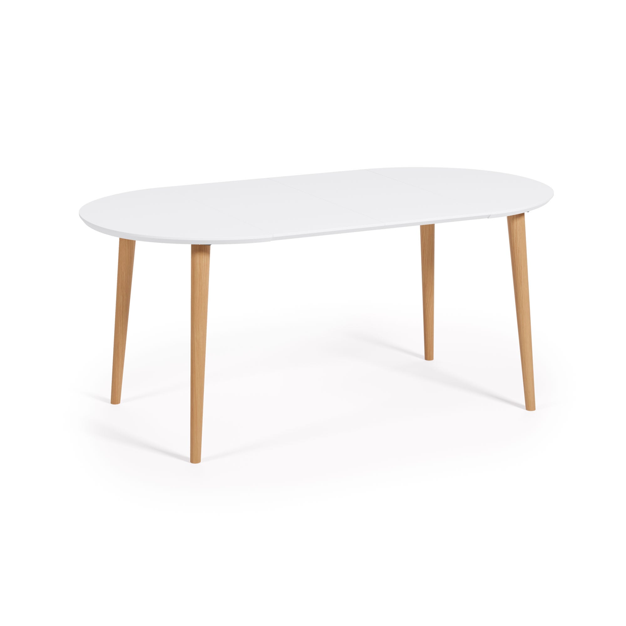Oqui kihúzható kerek asztal MDF-ből, fehér lakkozással és tömör bükkfa lábakkal, 90 (170) x 90 cm