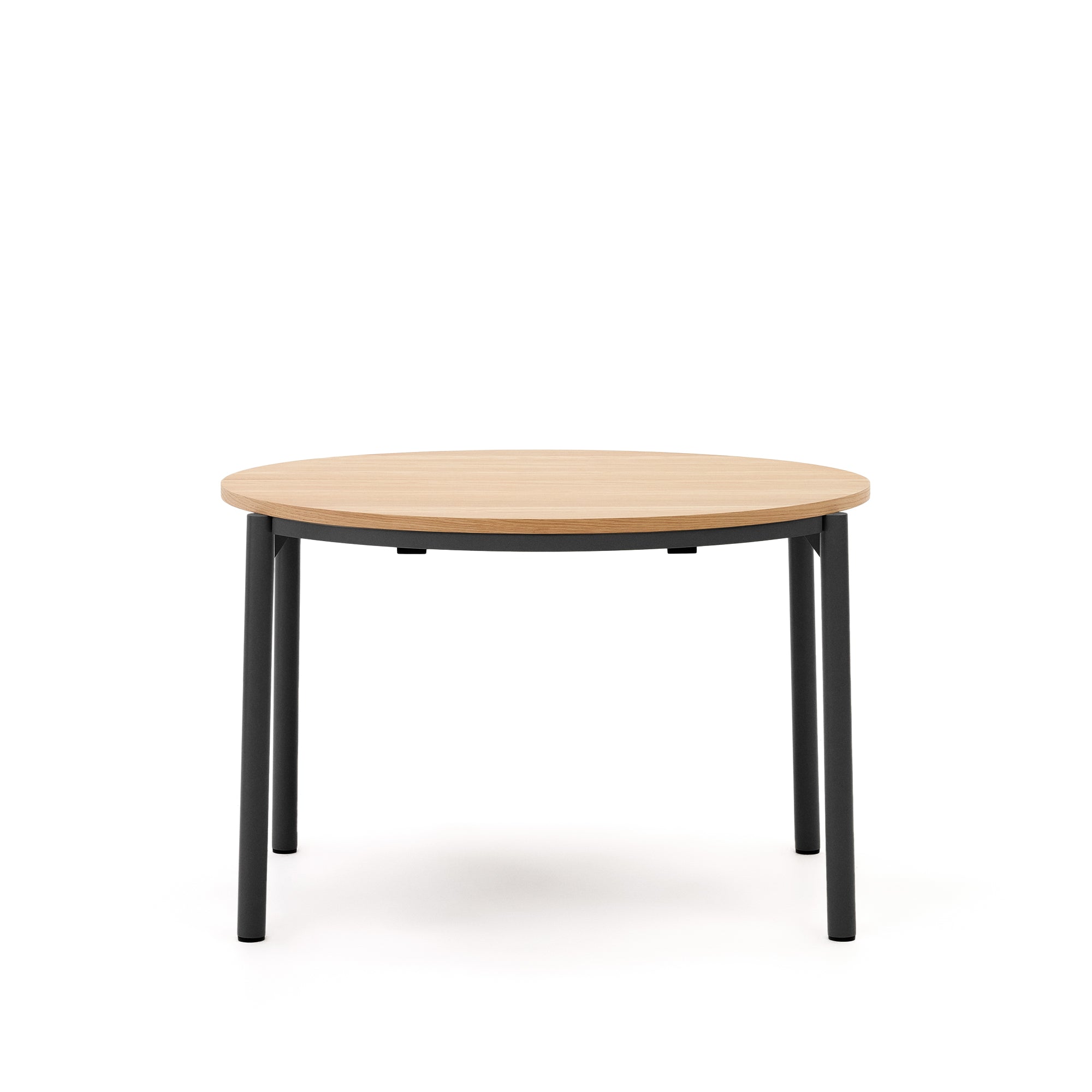 Montuiri kihúzható kerek asztal tölgyfa furnérból és acél lábakkal, fekete színben, Ø 120 (200) cm
