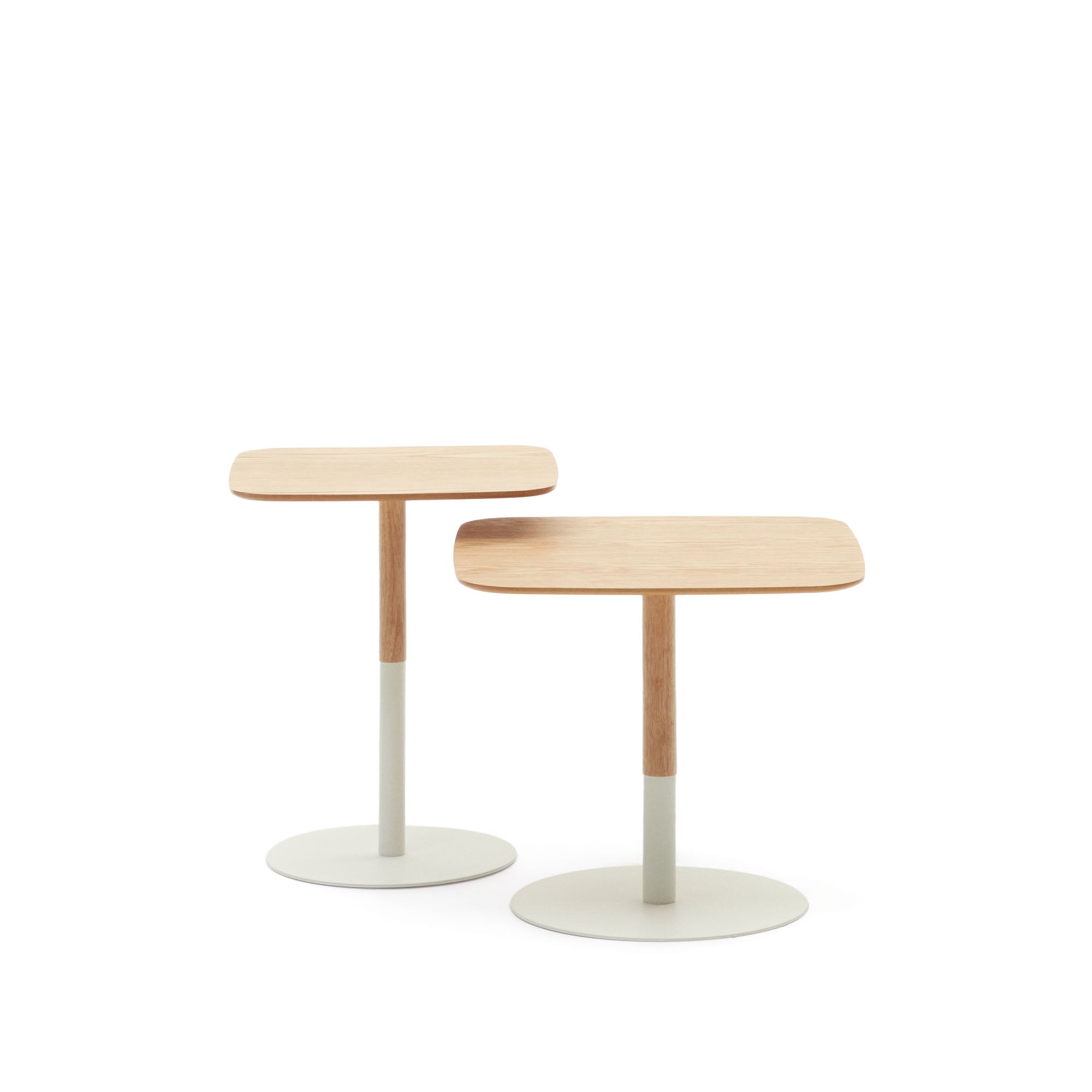Watse set of 2 side tables in oak wood veneer and matte white metal, FSC Mix Credit