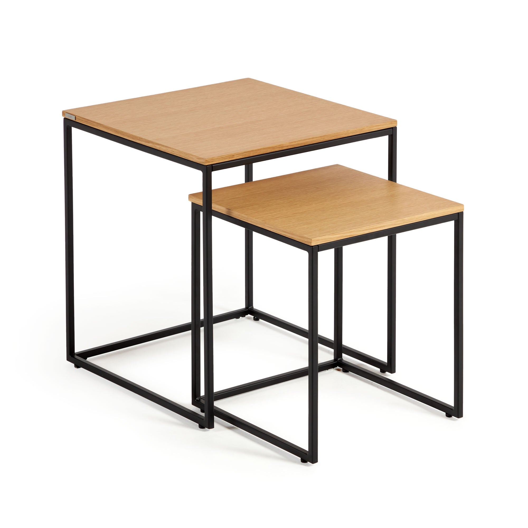Yoana set of 2 nesting side tables with oak wood veneer and black painted metal structure