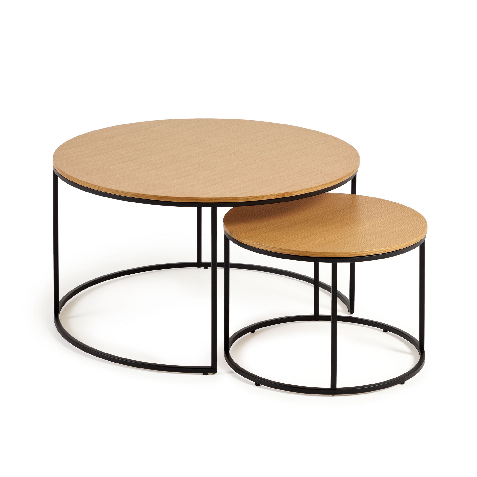 Yoana set of 2 nesting side tables with oak wood veneer & black metal, Ø 80 cm / Ø 50 cm