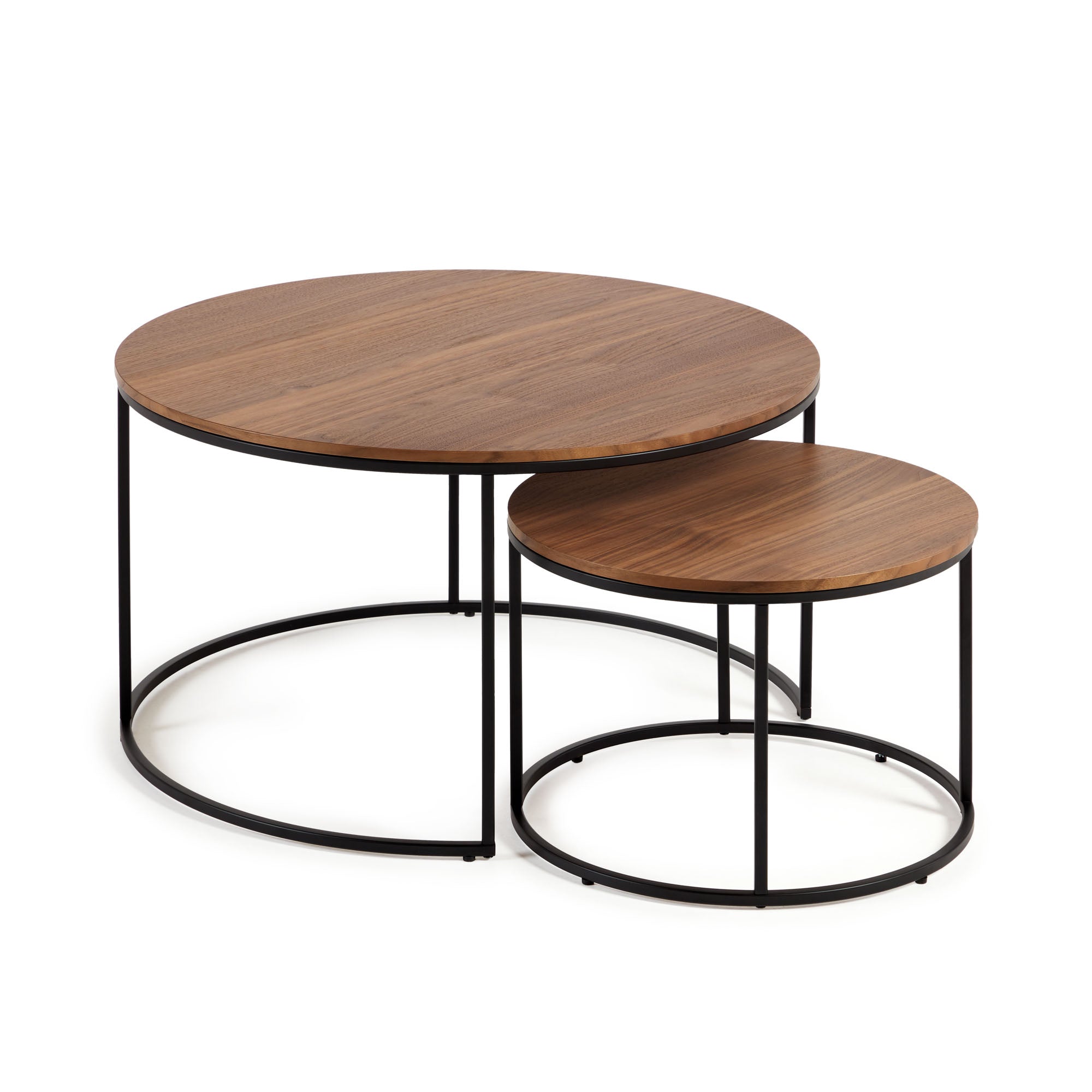 Yoana set of 2 nesting side tables with walnut veneer and black metal, Ø 80 cm / Ø 50 cm