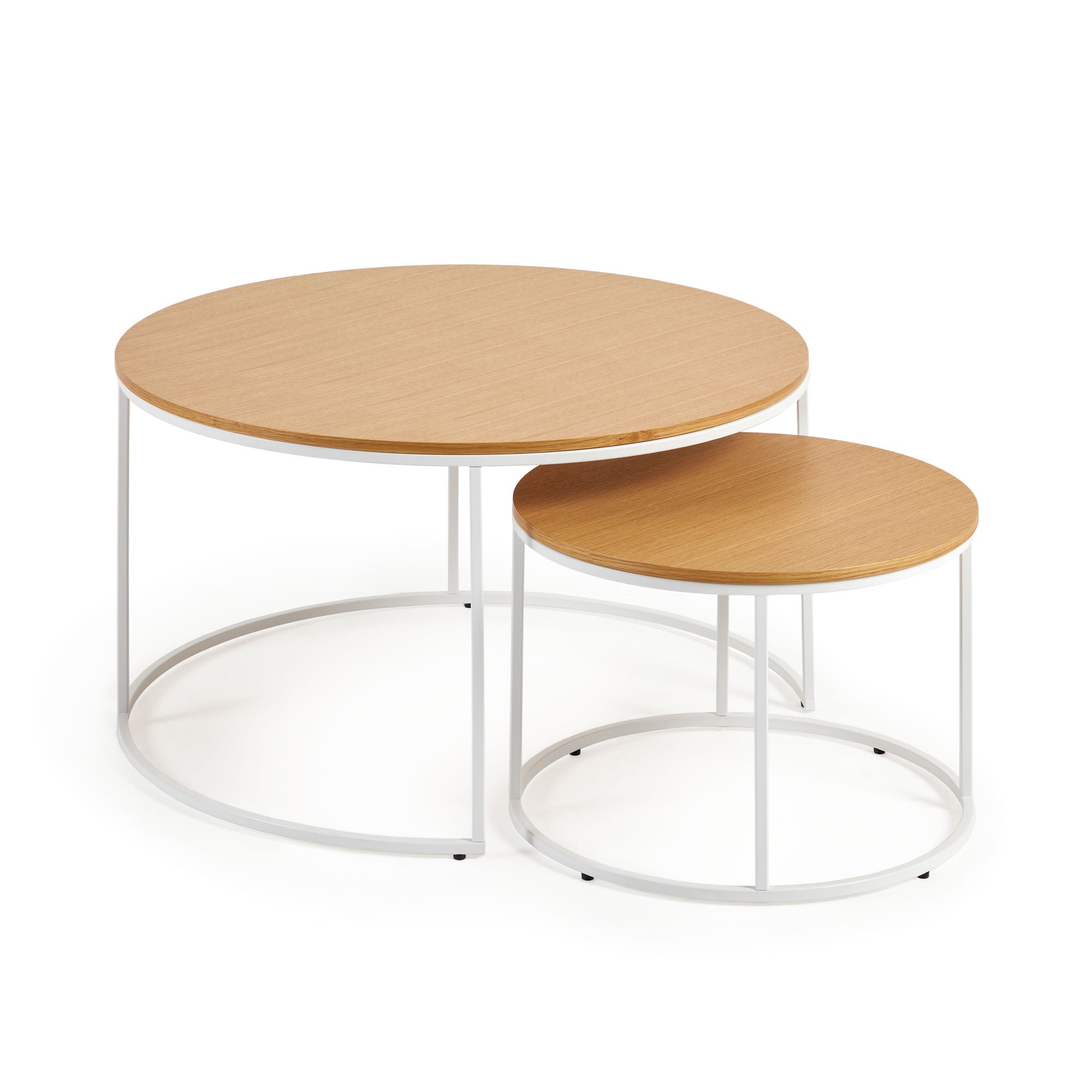 Yoana 2 db kisasztal, tölgyfa furnérral és fehér fémmel, Ø 80 cm / Ø 50 cm