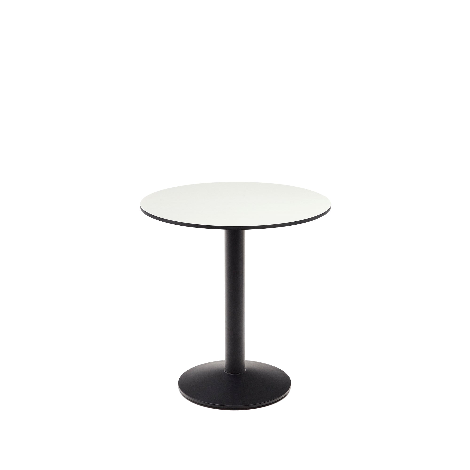 Esilda kerek kültéri asztal fehér színben, fekete színű fémlábbal, Ø 70 x 70 cm, festett fekete színben.