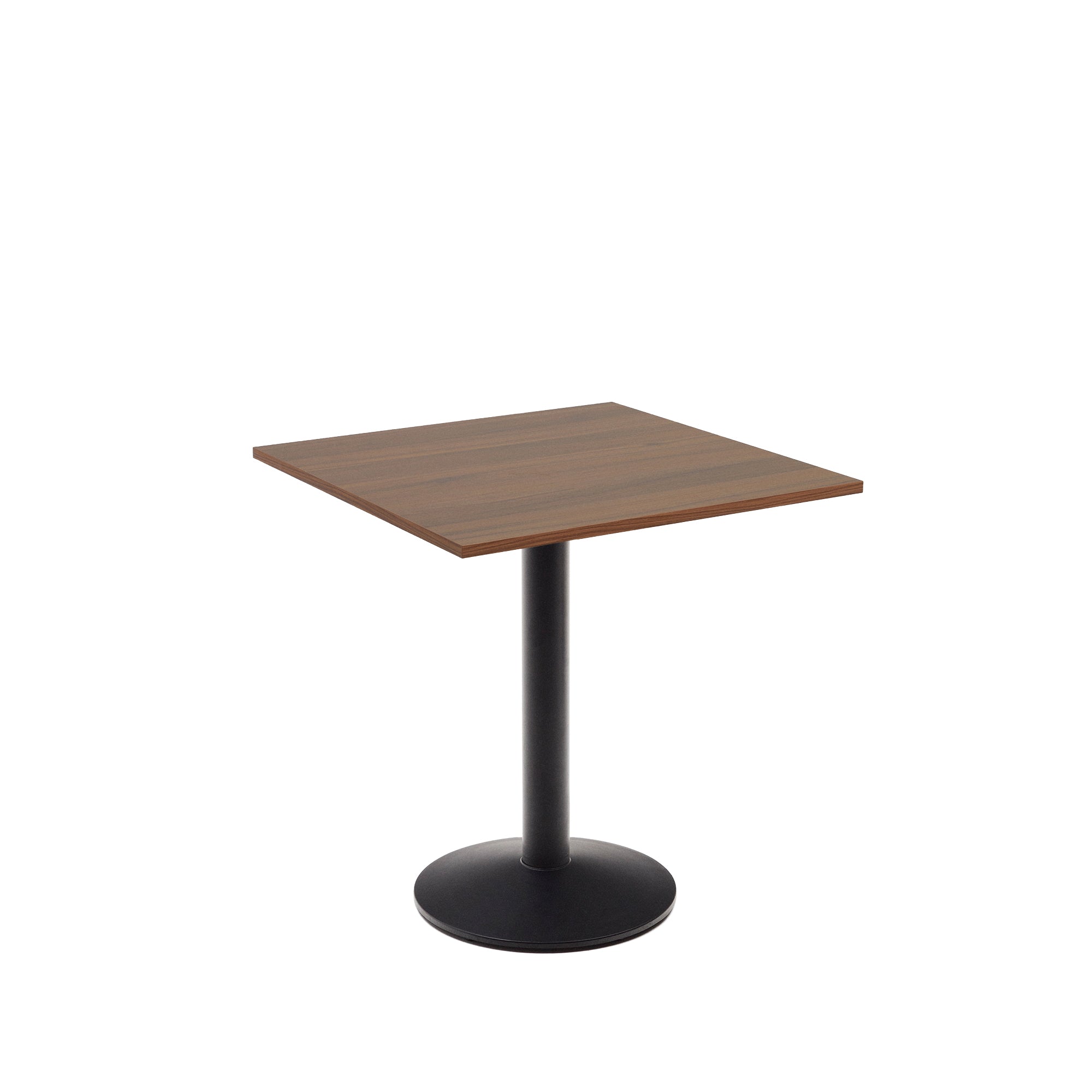 Esilda table in walnut finish melamine with metal leg in a painted black finish, 70 x 70 x 70 cm