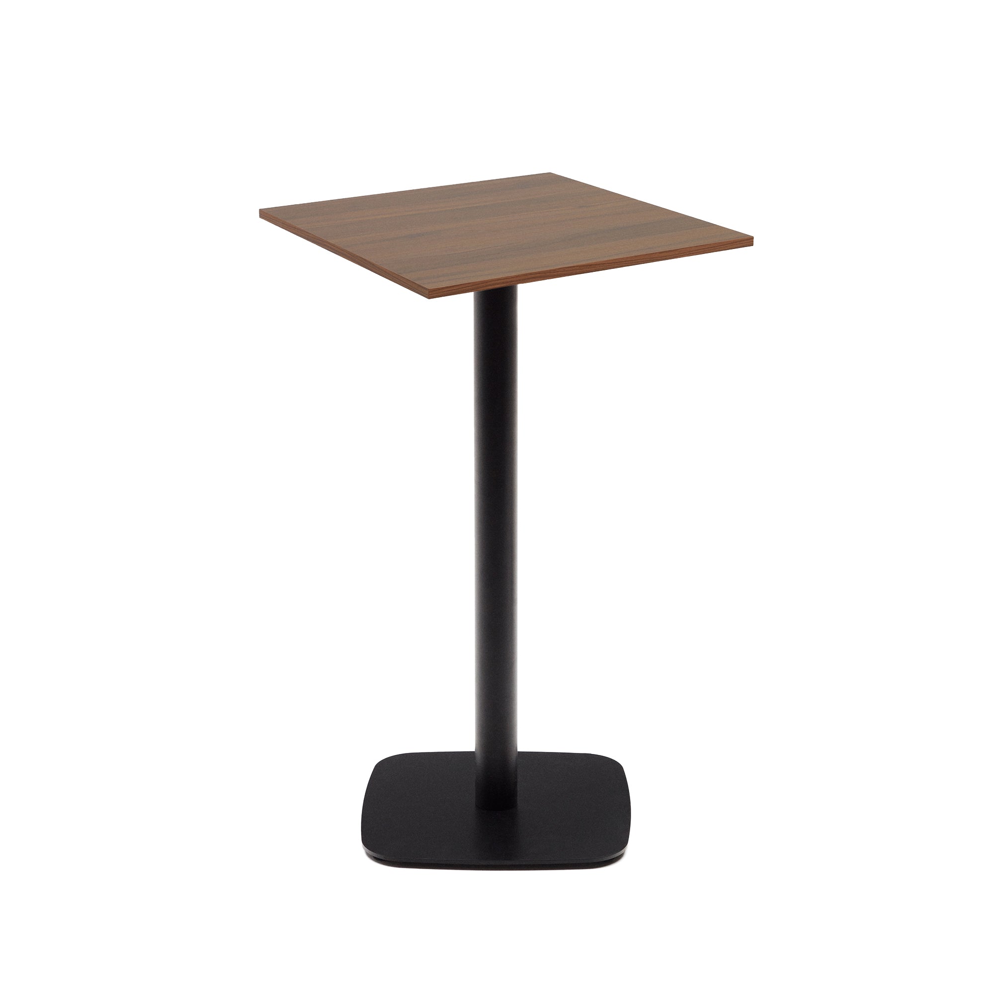 Dina high table in walnut finish melamine with metal leg in a painted black finish, 60x60x96 cm