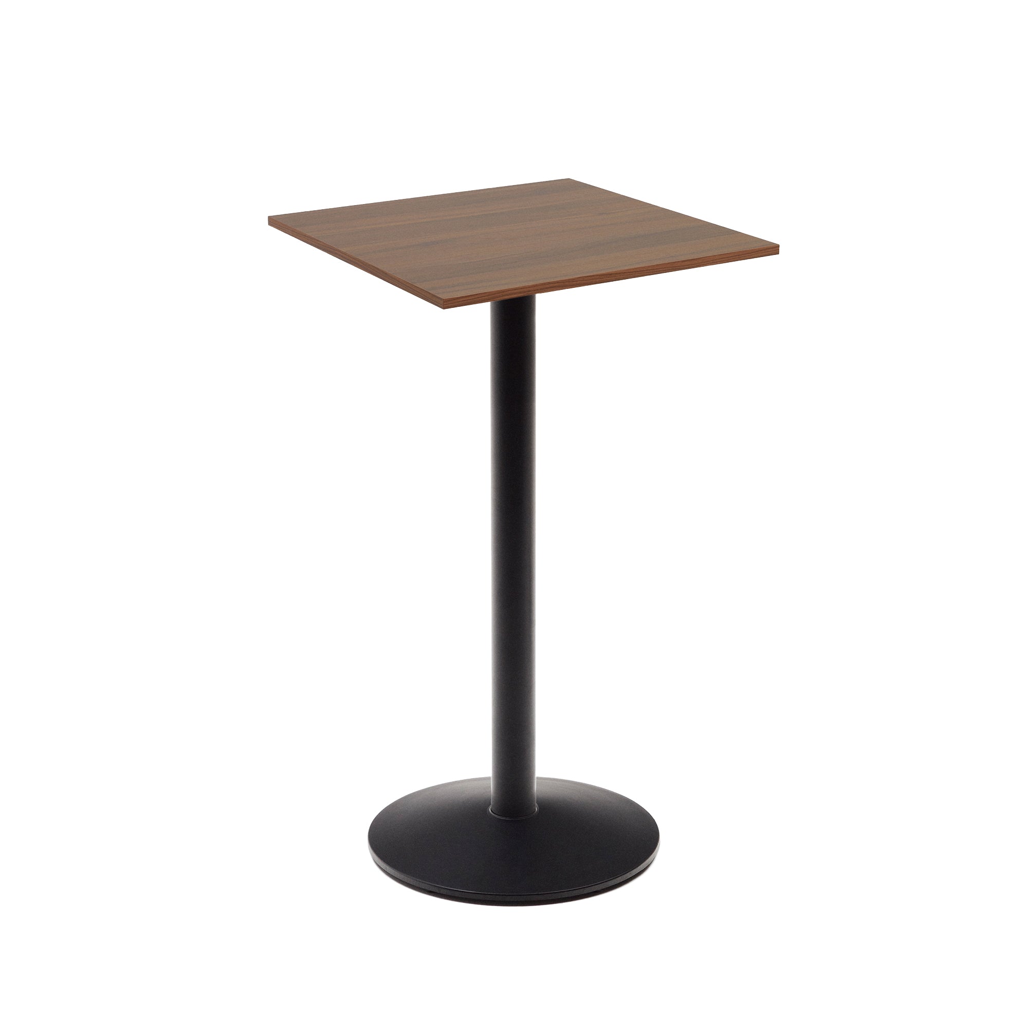 Esilda high table in walnut finish melamine with metal leg in a painted black finish, 60x60x96 cm