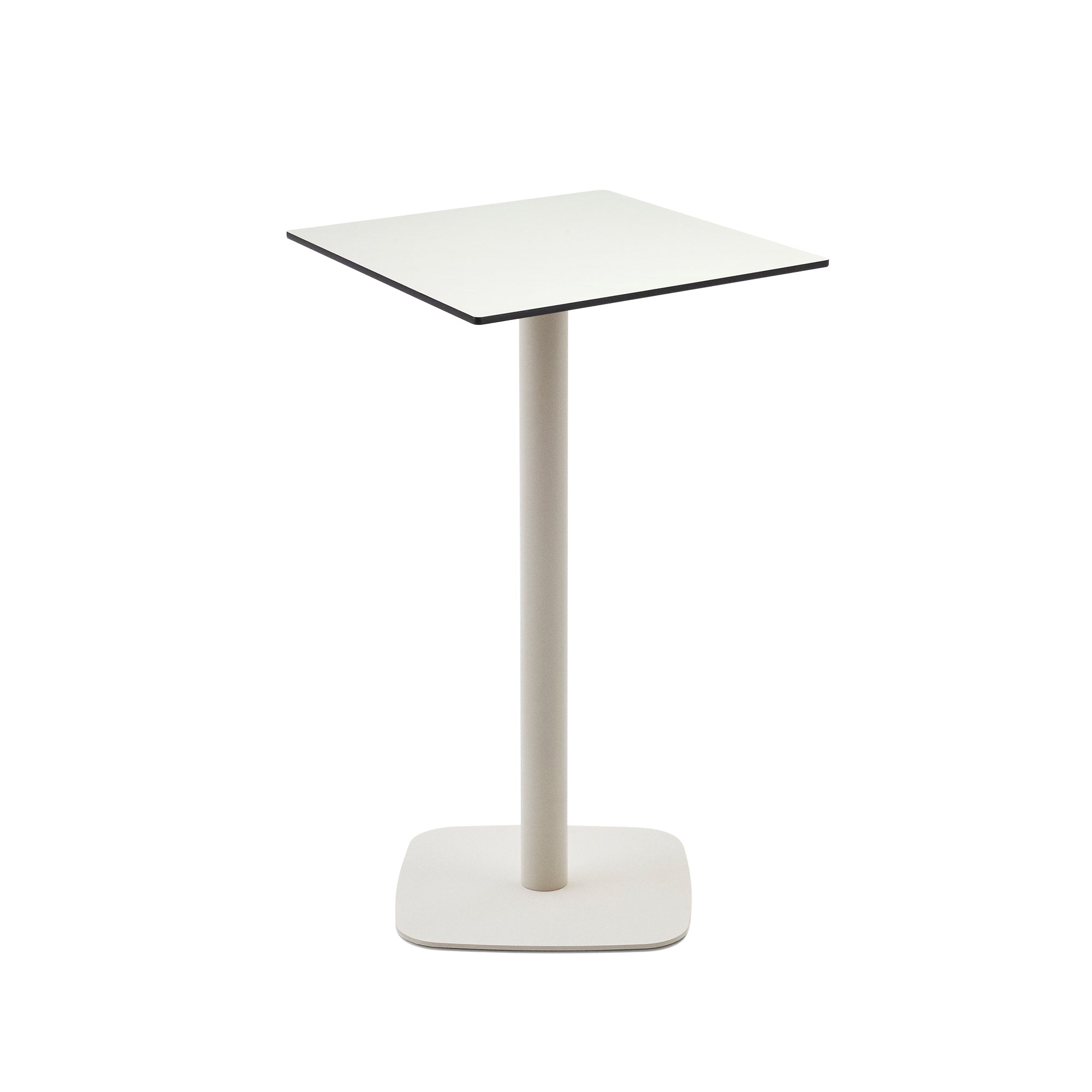 Dina magas kültéri asztal fehér színben, fehérre festett fémlábbal, 60x60x96 cm, fehér színben.