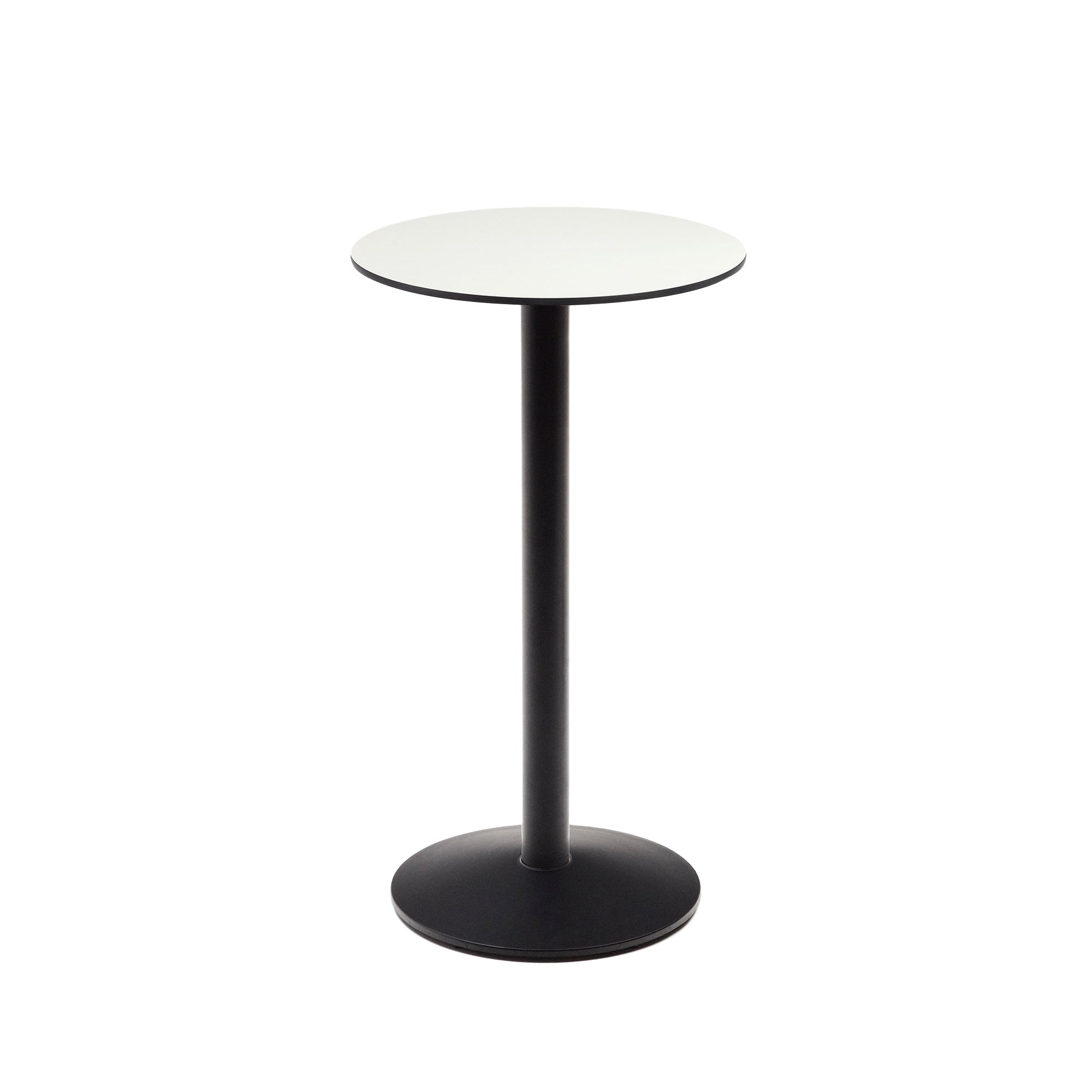 Esilda magas kerek kültéri asztal fehér színben, fekete festett fémlábbal, Ø 60 x 96 cm, kültéri kisasztal, fehér színben.