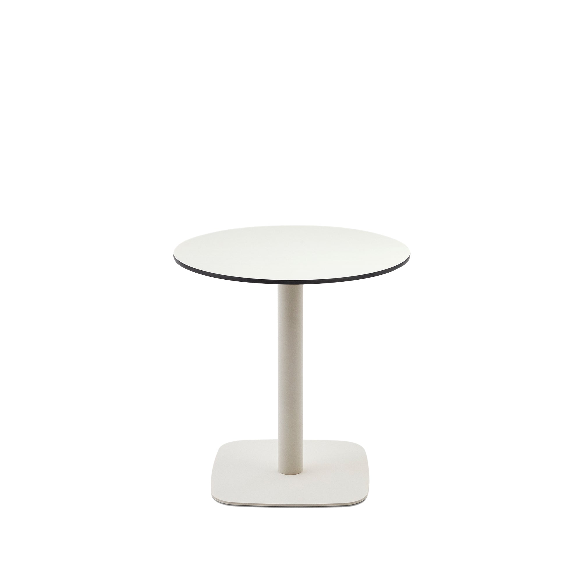 Dina kerek kültéri asztal fehér színben, fehérre festett, fém jogi elemekkel, Ø 68x70cm