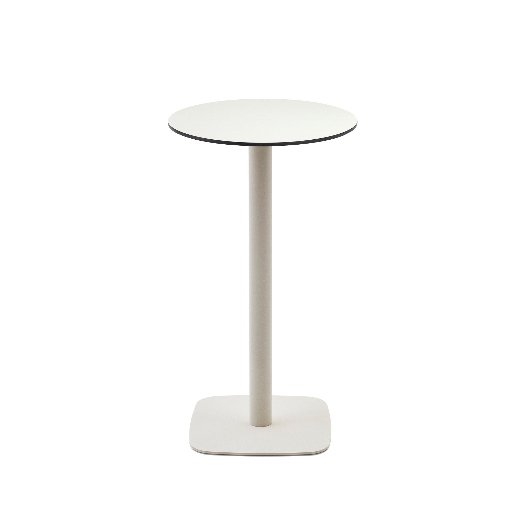 Dina magas kerek kültéri asztal fehér színben, fehérre festett fémlábbal, Ø 60 x 96 cm, kültéri asztal, fehér színben, Ø 60 x 96 cm