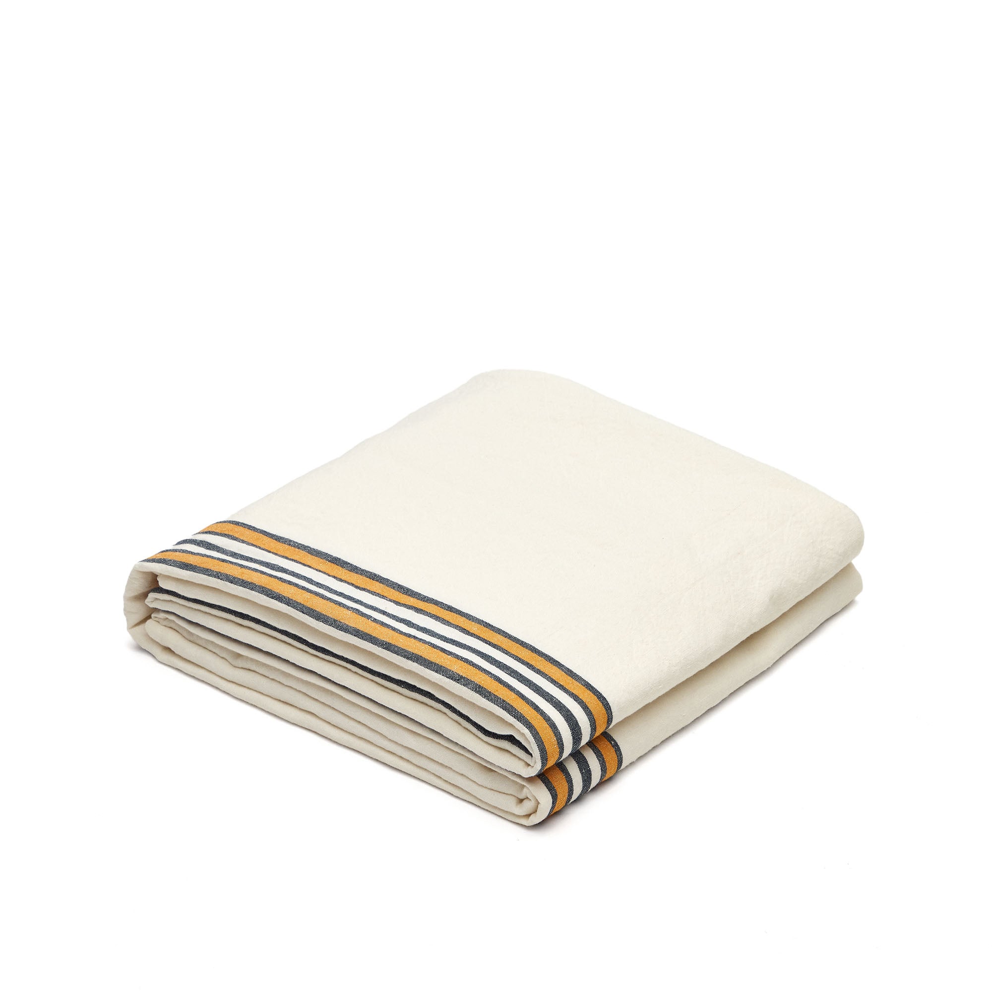 Vallcanera tablecloth in cotton and linen with mustard and blue stripes, 150 x 250 cm