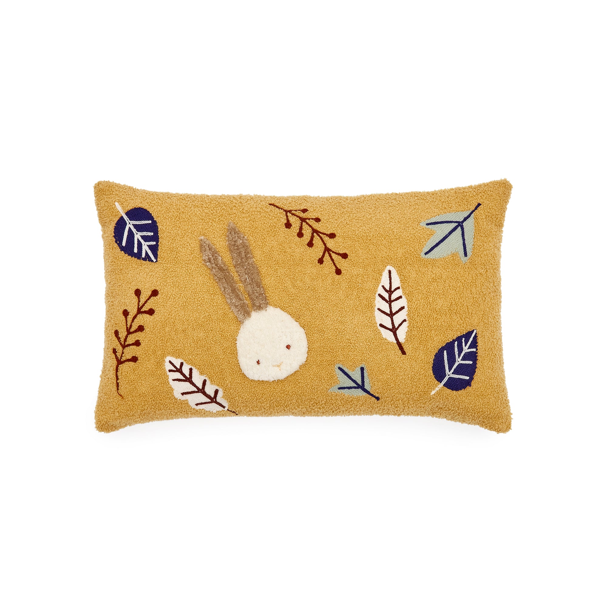 Yanil cushion cover in mustard fleece with multicolour embroidered leaves, 30 x 50 cm