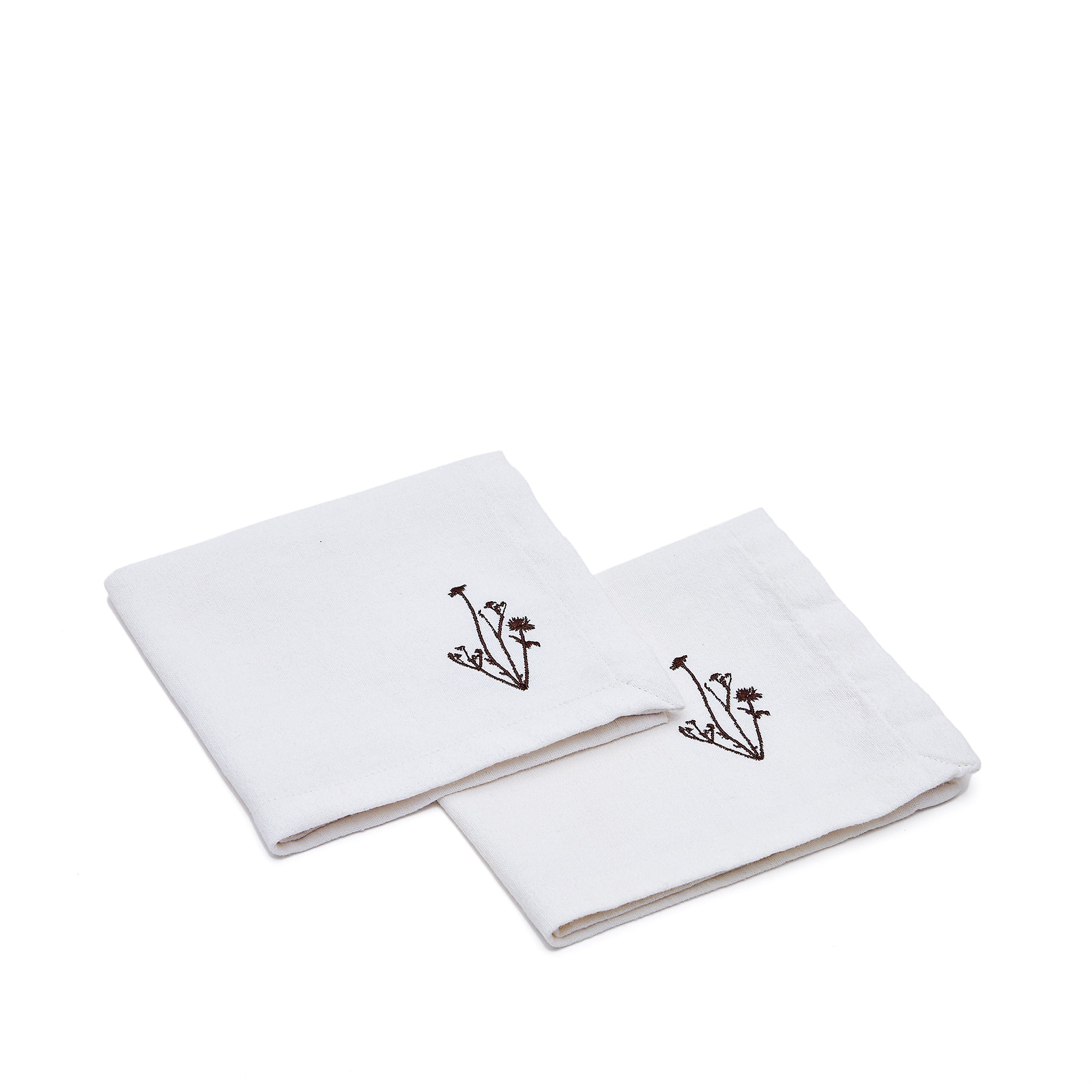 Mada set of 2 linen and white cotton napkins with brown flower embroidery