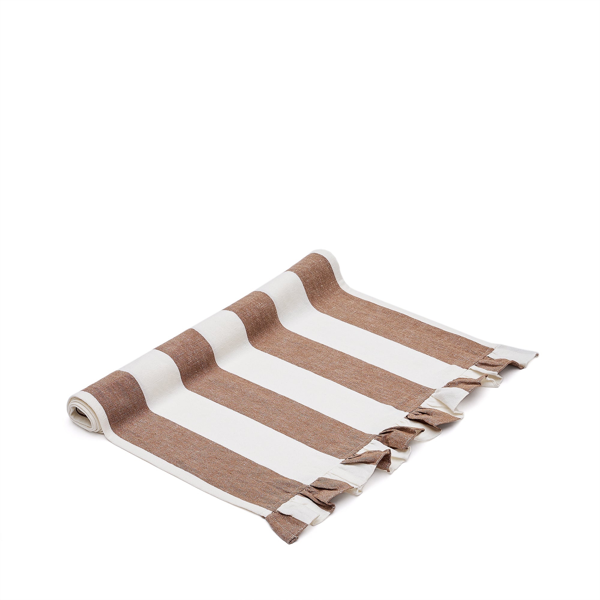 Maura cotton and linen table runner with white and brown stripes and side ruffles 50 x 150cm