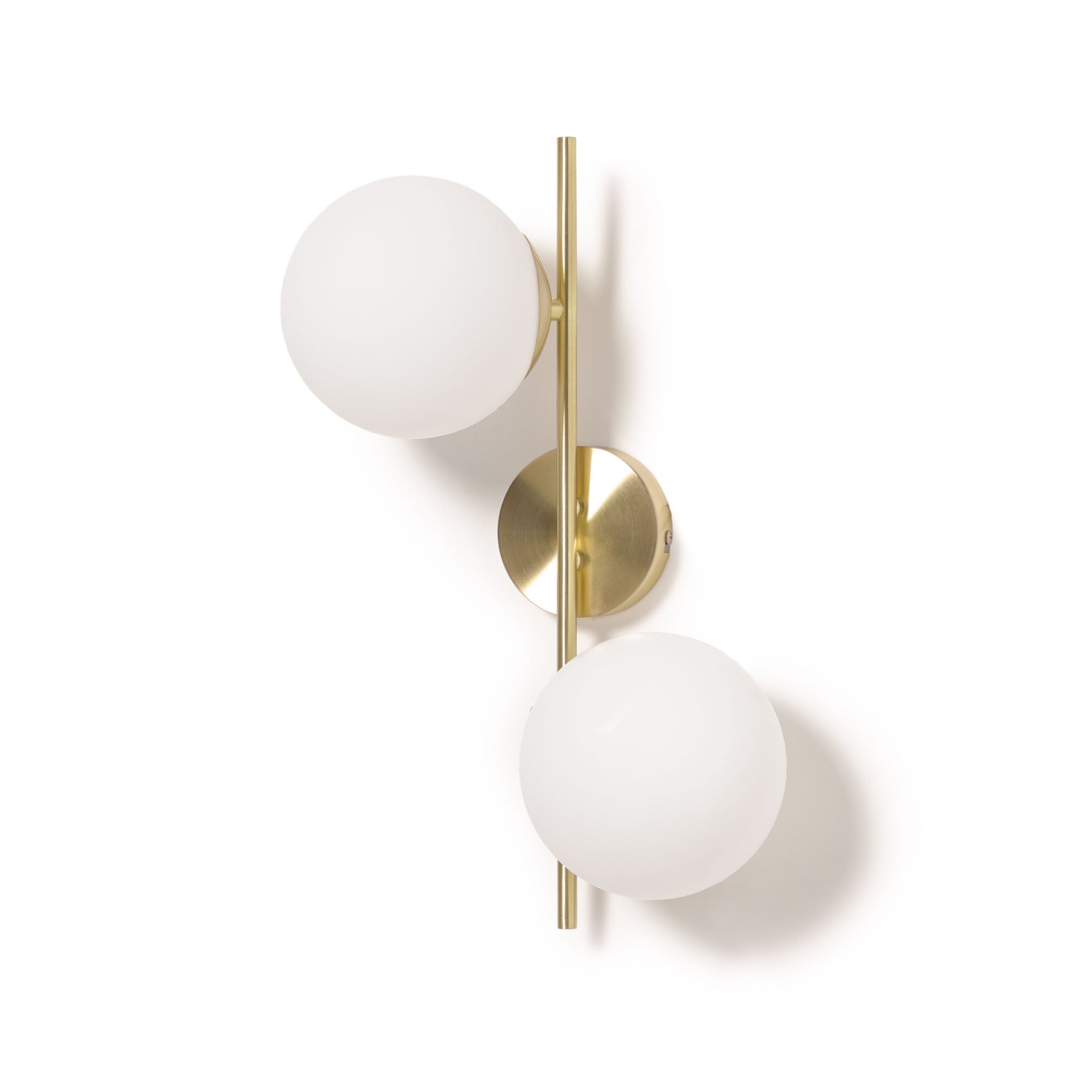 Mahala steel wall light with brass finish and two frosted glass spheres