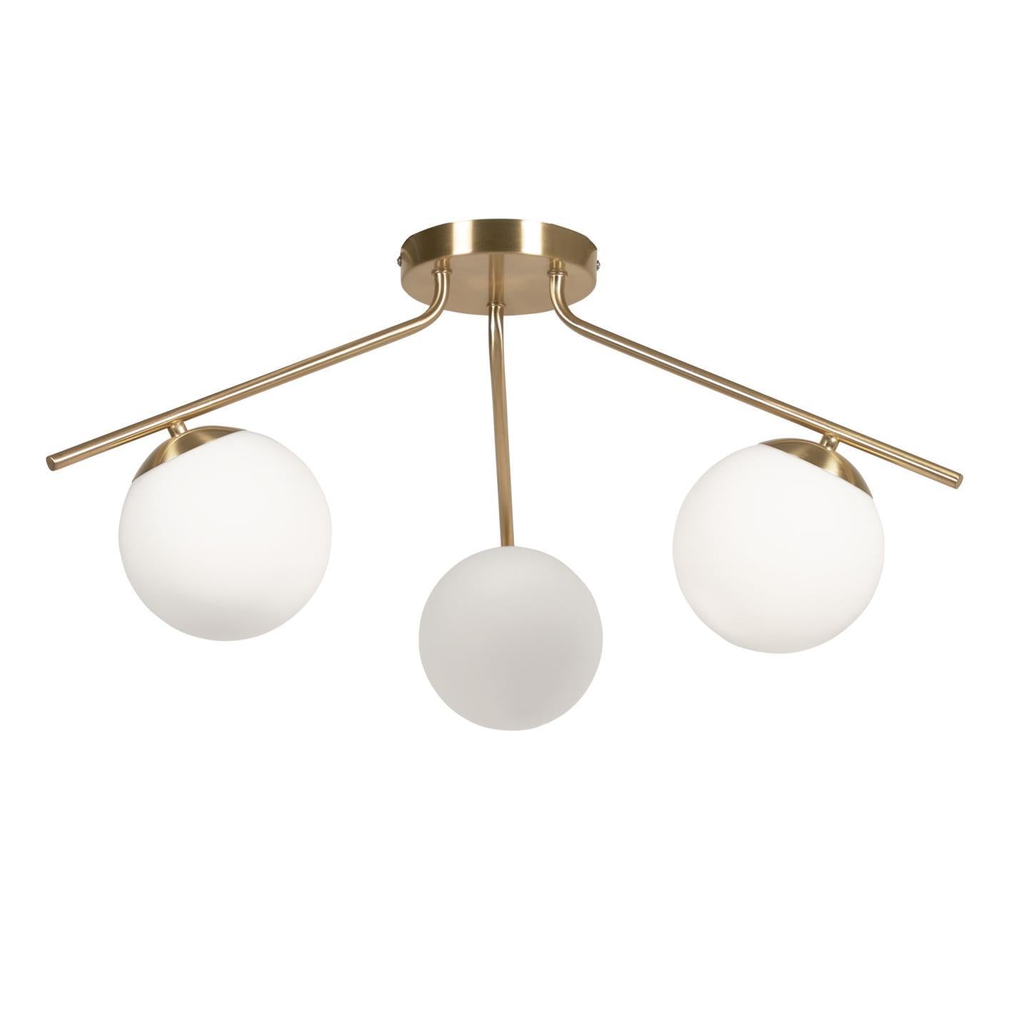 Mahala steel ceiling light with brass finish and three frosted glass spheres