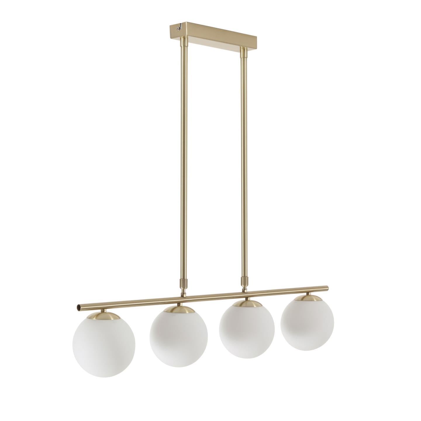 Mahala steel ceiling light with brass finish and four frosted glass spheres