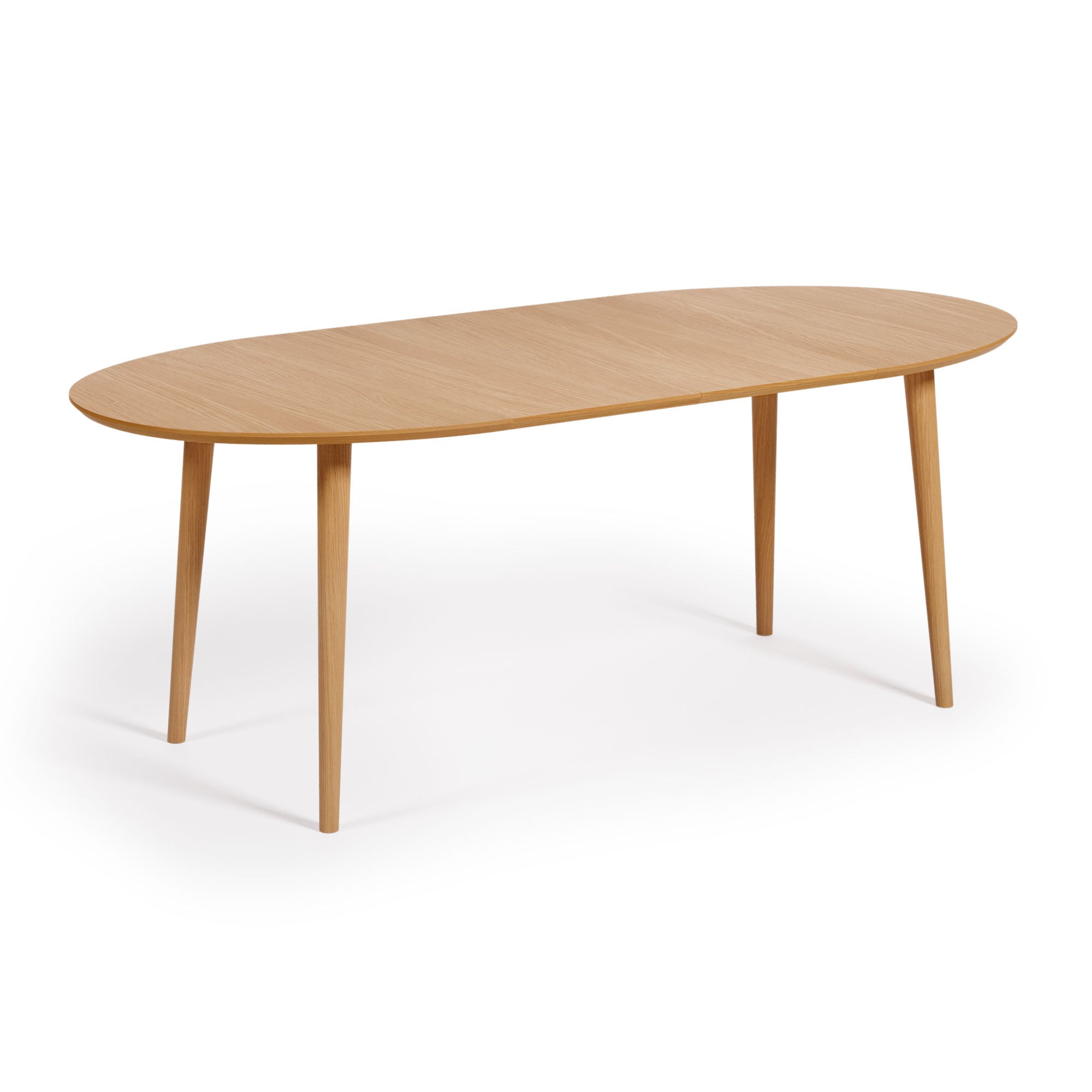Oqui kihúzható ovális asztal tölgyfafurnérral és tömörfa lábakkal, Ø 120 (200) x 90 cm
