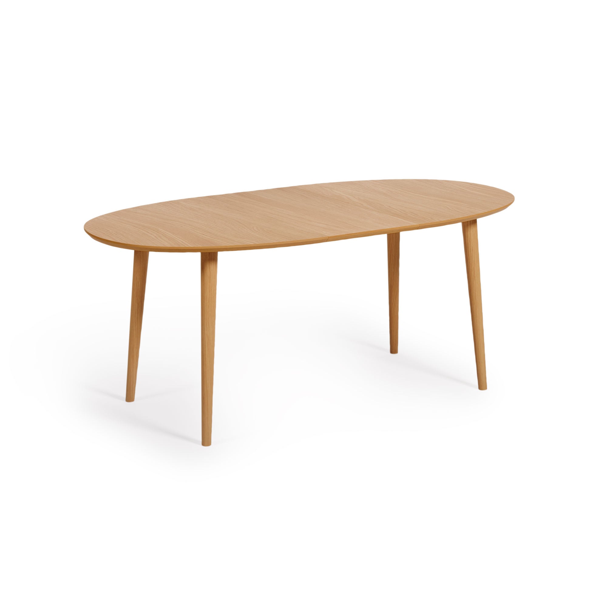Oqui kihúzható ovális asztal tölgyfa furnérral és tömörfa lábakkal, Ø 140 (220) x 90 cm