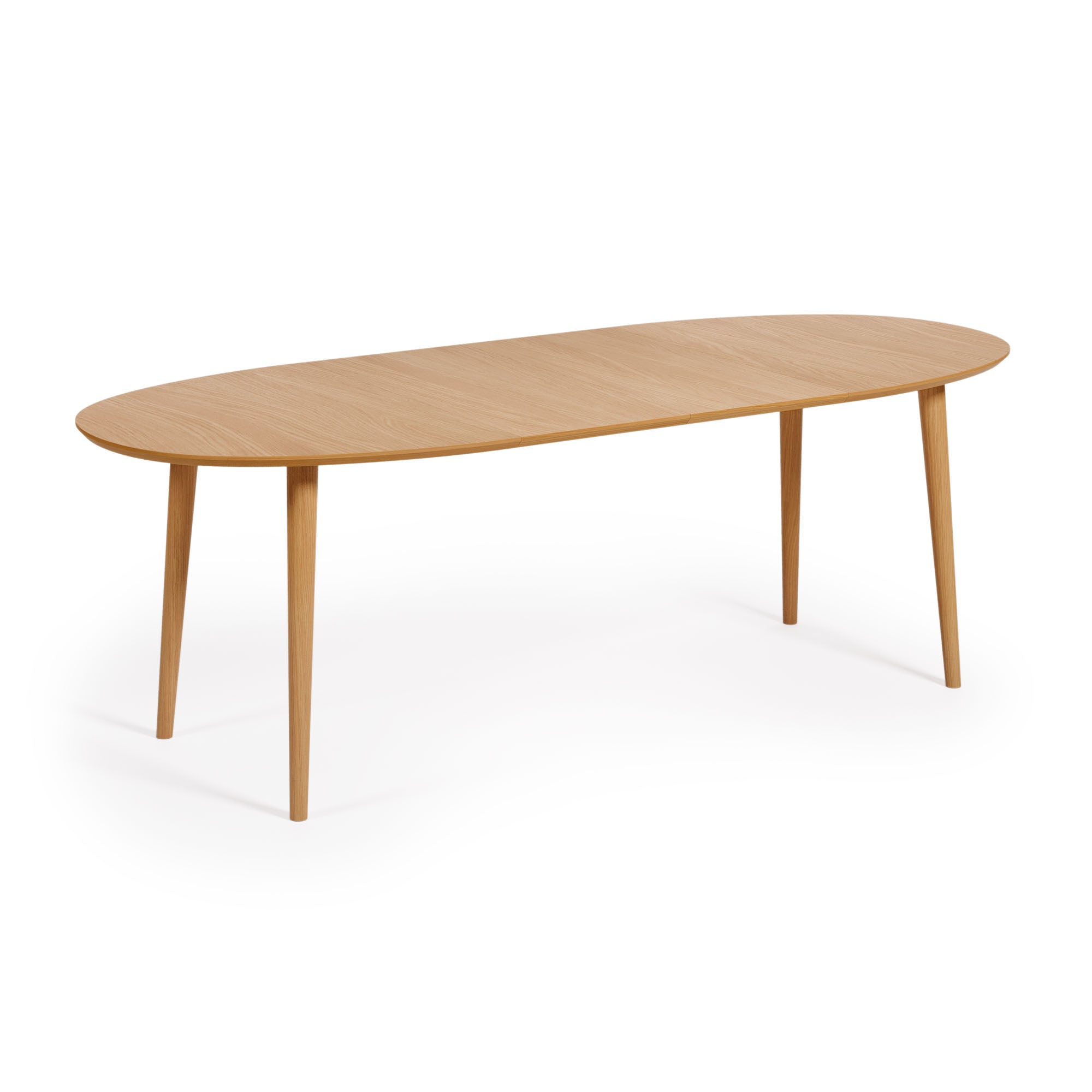 Oqui kihúzható ovális asztal tölgyfa furnérral és tömörfa lábakkal, Ø 140 (220) x 90 cm