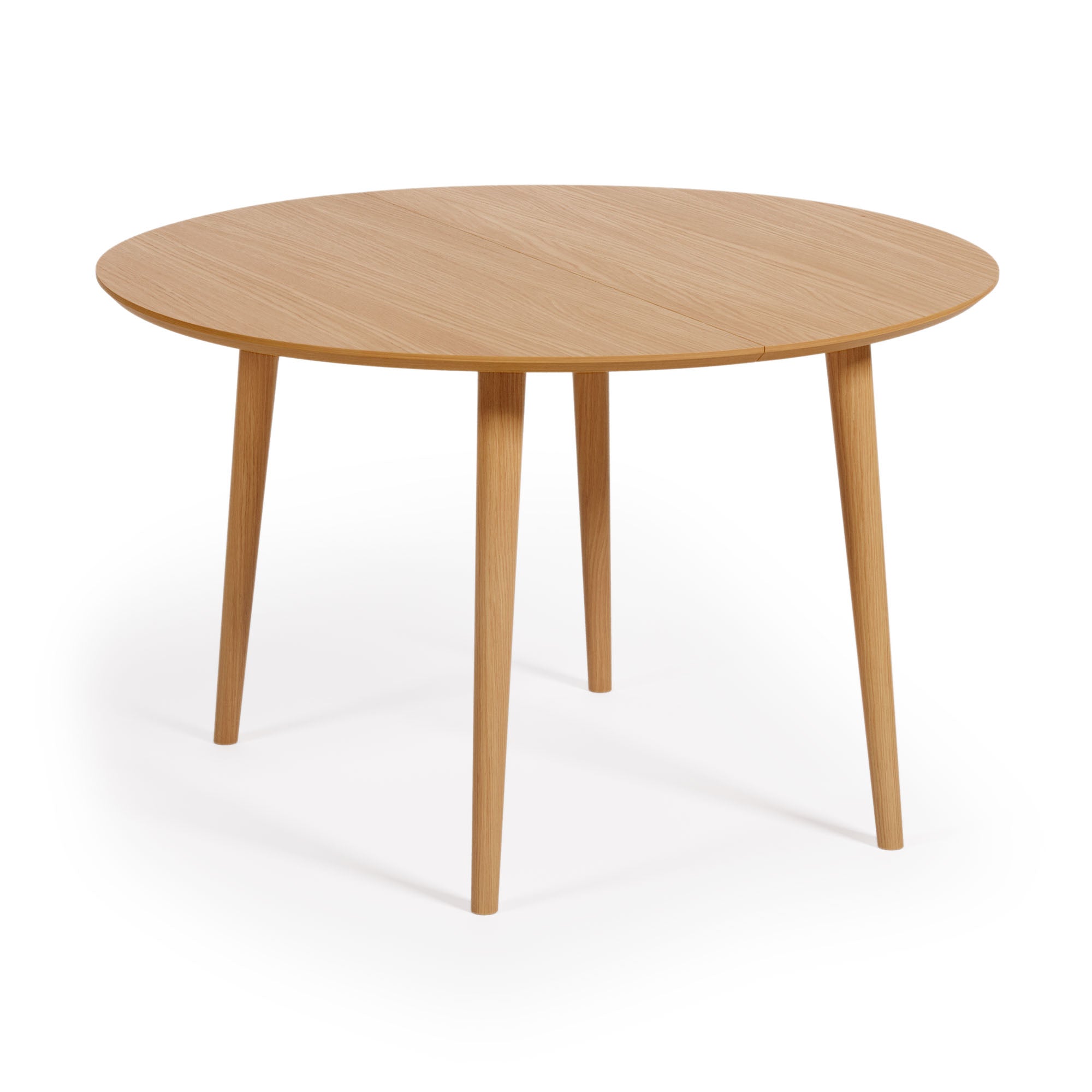 Oqui kihúzható ovális asztal tölgyfafurnérral és tömörfa lábakkal, Ø 120 (200) x 120 cm