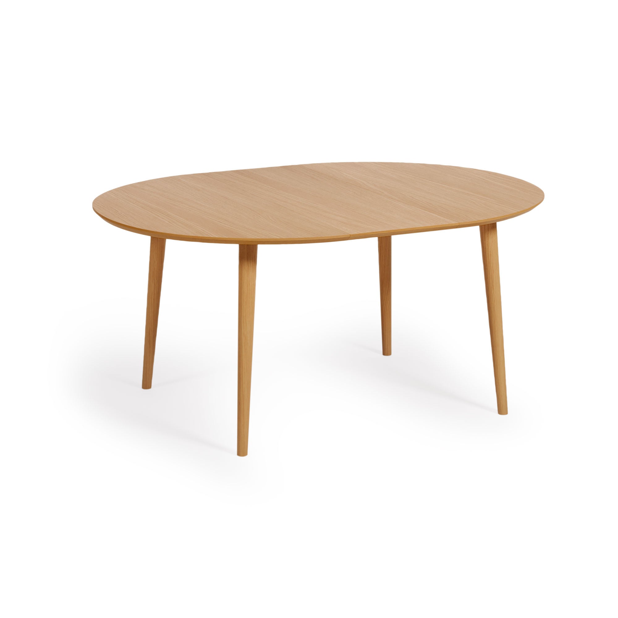 Oqui kihúzható ovális asztal tölgyfafurnérral és tömörfa lábakkal, Ø 120 (200) x 120 cm